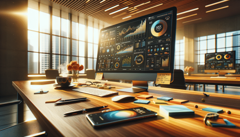 Meta Ads op de schop: impact voor ondernemers en communicatie | SharpClicks A bright modern office desk with a computer displaying meta ads analytics, notes, coffee, and a phone showing ad notifications.