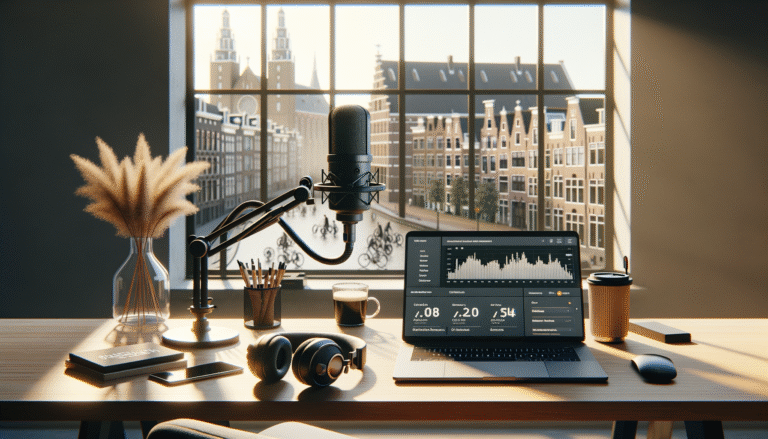A modern Dutch office workspace displays high-end podcast gear, analytics on a laptop, and branded items, highlighting podcast marketing growth in the Netherlands.