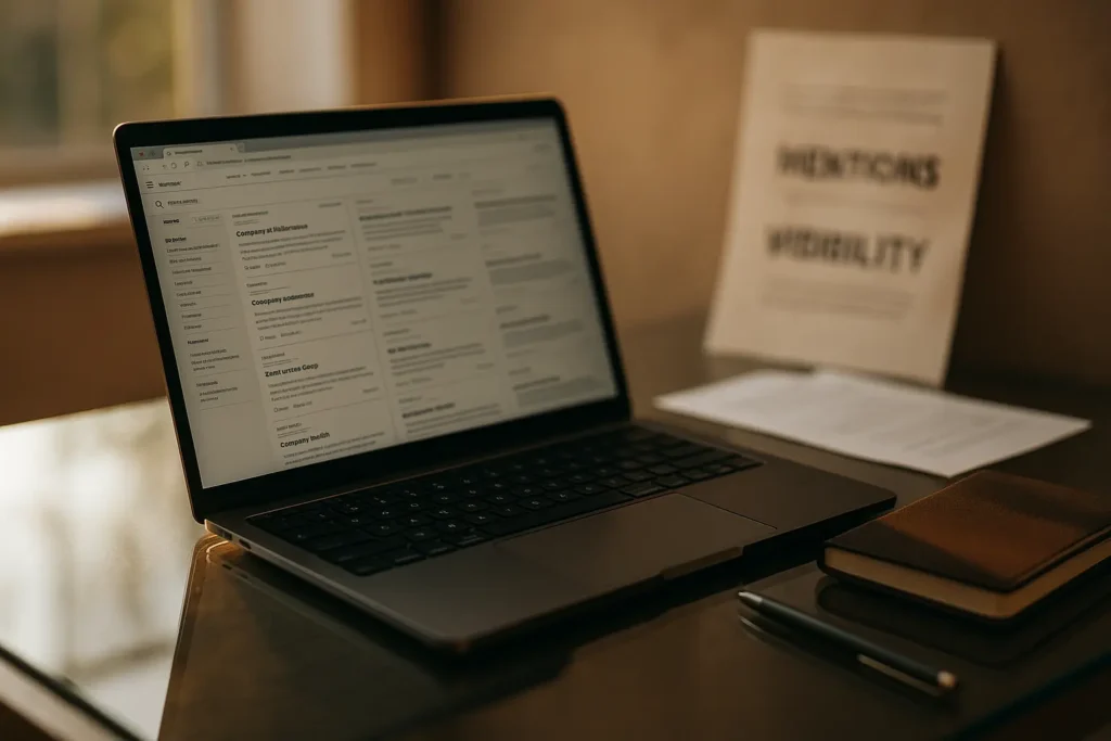 Fotorealistisch stilleven van een laptop op glas met browser vol tabbladen, notitieboekjes, papieren met mentions en visibility, en warme zonlichtinval, passend bij online zichtbaarheid en autoriteit.