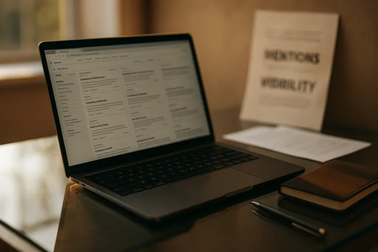 Fotorealistisch stilleven van een laptop op glas met browser vol tabbladen, notitieboekjes, papieren met mentions en visibility, en warme zonlichtinval, passend bij online zichtbaarheid en autoriteit.