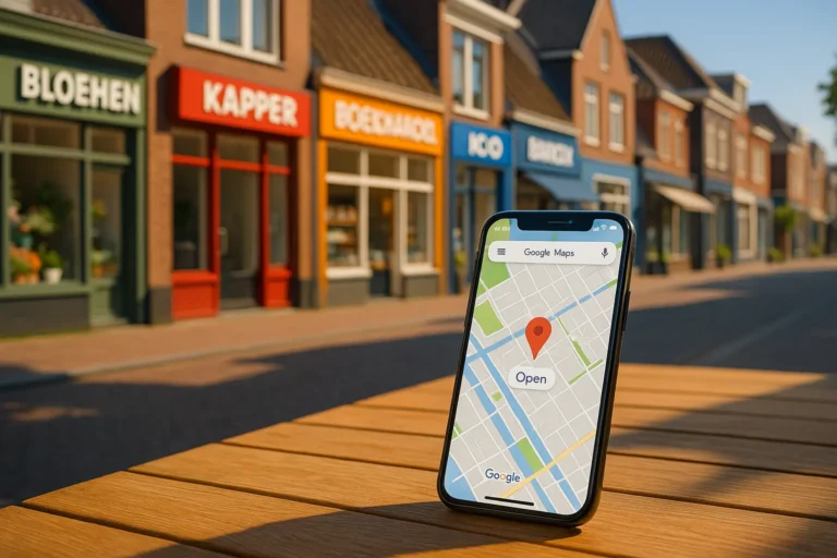 Luchtopname van een Nederlandse winkelstraat met kleurrijke gevels en een smartphone met Google Maps, gericht op zichtbaarheid voor ondernemers.