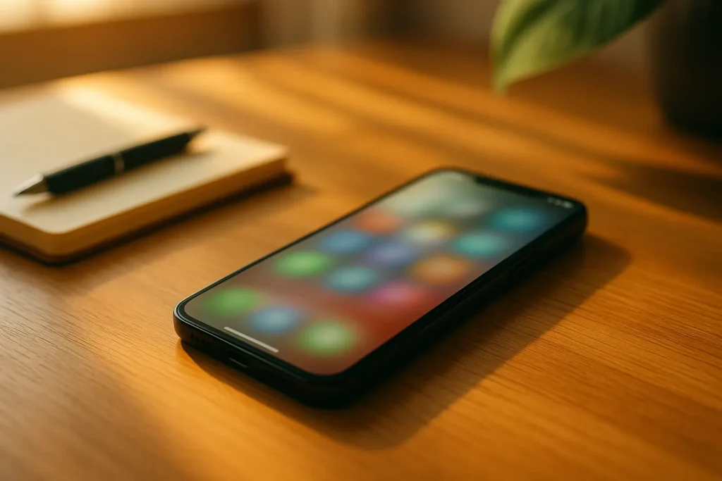Een moderne smartphone met een kleurrijke app-interface ligt op een houten bureau, verwijzend naar TikTok zoekmachine en Creator Search Insights.