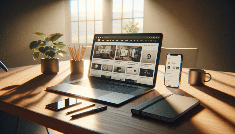 laptop en smartphone op houten bureau tonen een nieuwsfeed met subtiel gemarkeerde native ad met badge-icoon, in warm licht