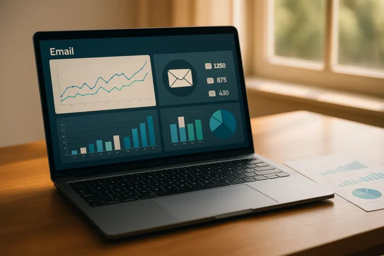 Een laptop met een e-mail dashboard vol grafieken en statistieken staat op een bureau naast papieren met data, ideaal voor botgedrag herkennen in e-mailstatistieken.