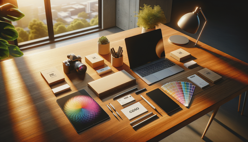 een moderne werkplek voor personal branding in het ai-tijdperk met bureau, laptop, kleurstalen en een kaart in zonlicht