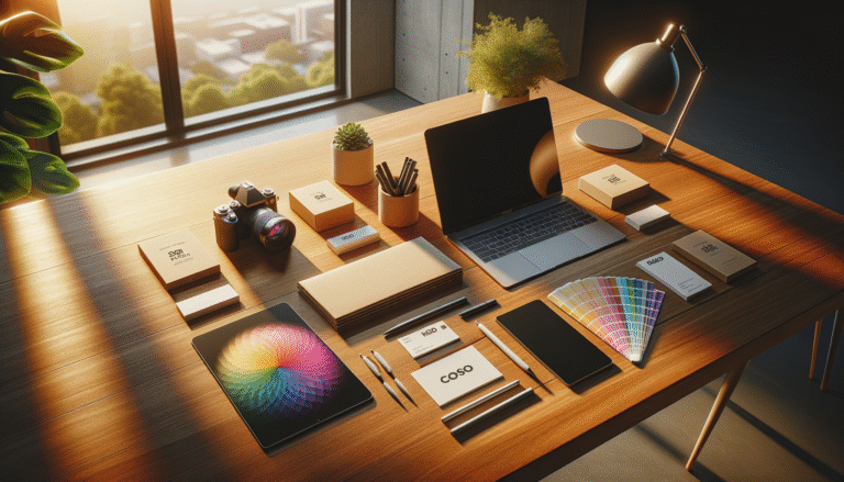 een moderne werkplek voor personal branding in het ai-tijdperk met bureau, laptop, kleurstalen en een kaart in zonlicht