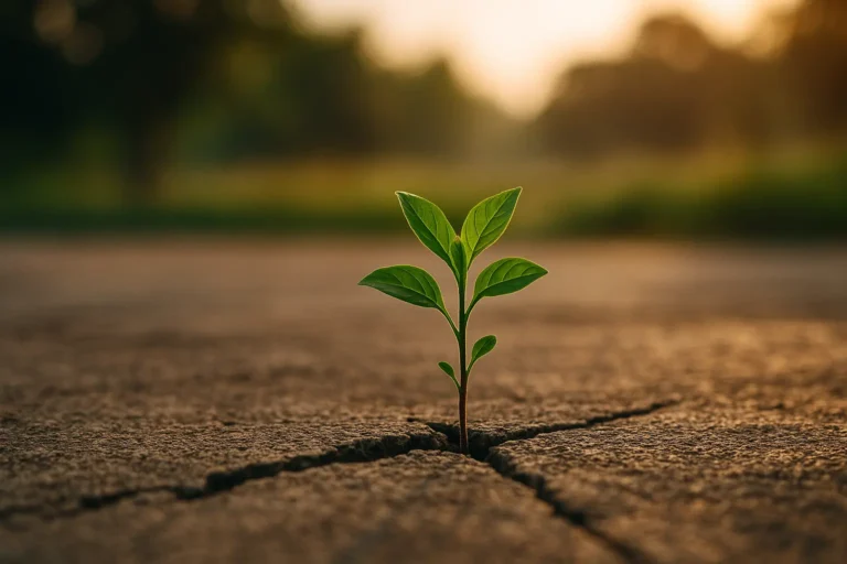 A single green plant pushes through cracked concrete at sunrise, symbolizing bold contentstrategie growth and business courage.