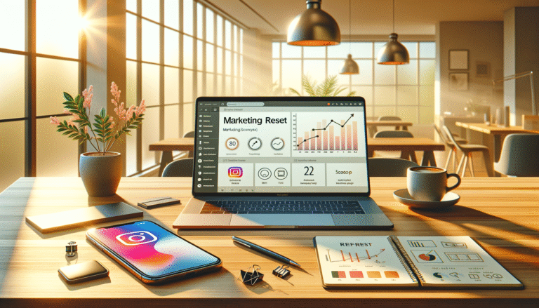 bureau met laptop met grafieken, telefoon met nieuwe Instagram-functies en tablet met reset-icoon, ai-reset voor marketing