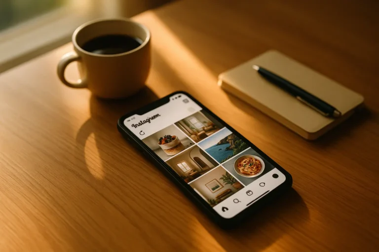 A modern smartphone displaying the Instagram app rests on a sunlit desk with coffee and a notebook, emphasizing Instagram-volgers tips.