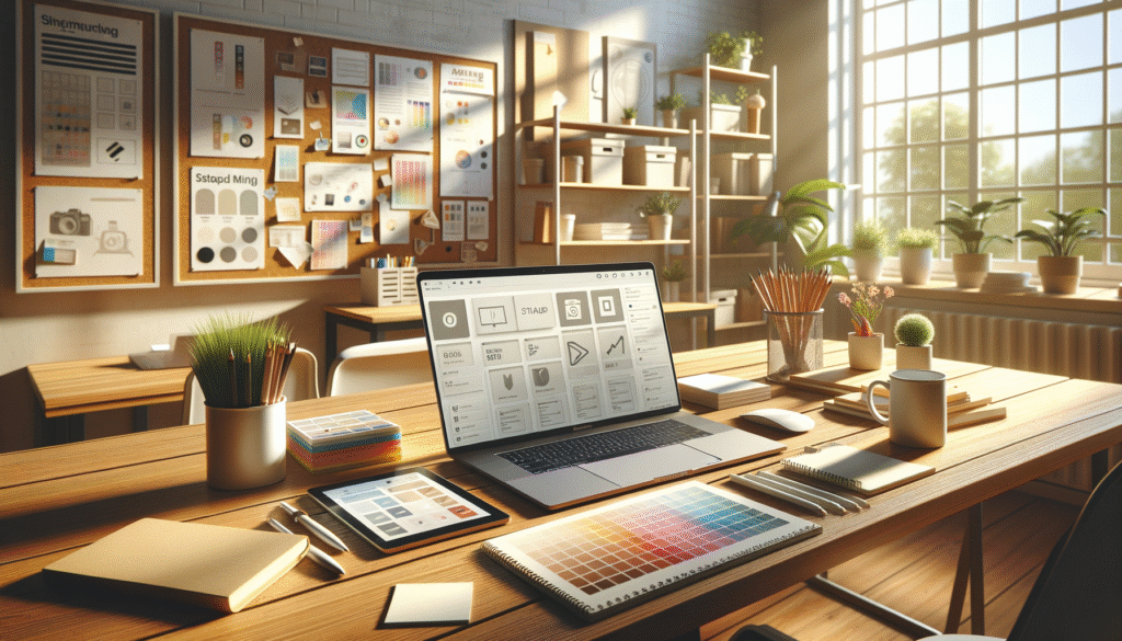 marketing-werkplek met open laptop, kleurstalen en tablet; het laptopscherm toont ontwerptool workflow met stappen