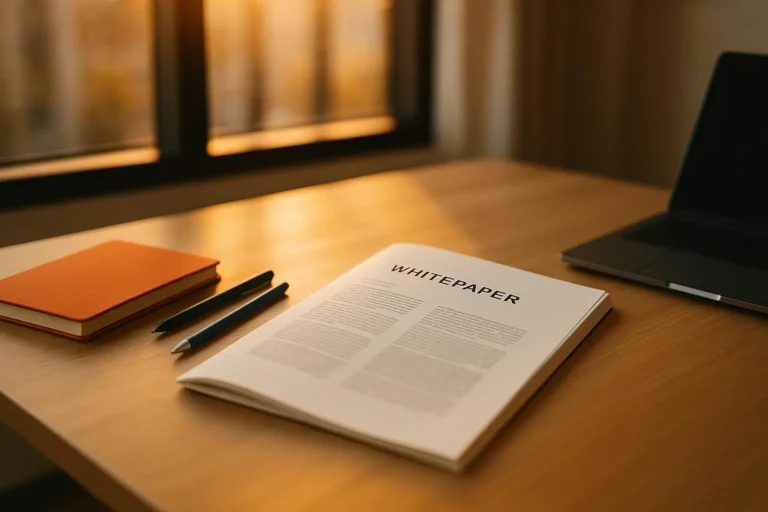 Op een zonovergoten bureau ligt een open whitepaper centraal tussen notitieboekjes, pennen en een laptop, symbool voor leads genereren met zakelijke content.