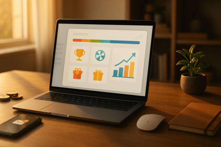 laptop op houten bureau toont gamification in e-mailmarketing: dashboard met iconen, munten, smartphone en stijgende grafiek
