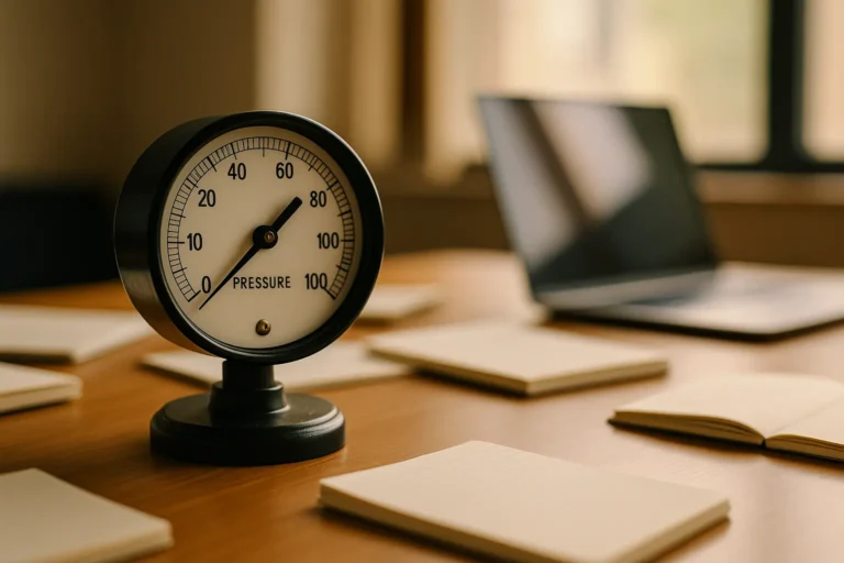 Pressure Prompting bij AI Werkt Dreigen voor Betere Output of Niet | SharpClicks A desktop pressure gauge sits in sharp focus on a modern workspace with scattered notepads and a laptop, symbolizing pressure prompting in AI.