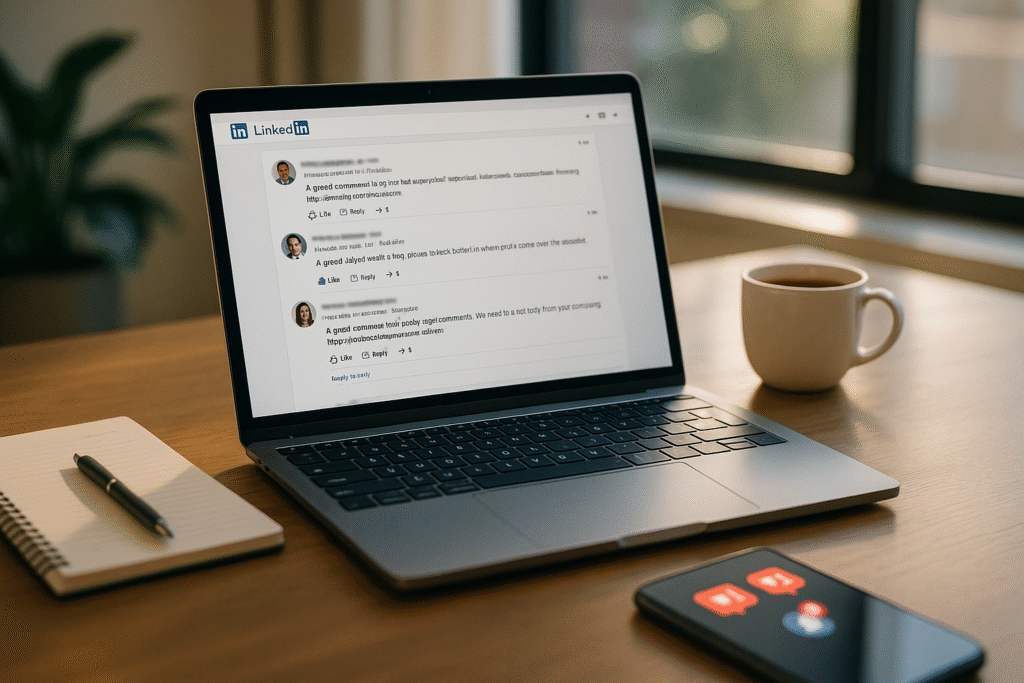 A bright modern office desk with an open laptop showing interactive LinkedIn comments, highlighting nepbetrokkenheid aanpakken for ondernemers.