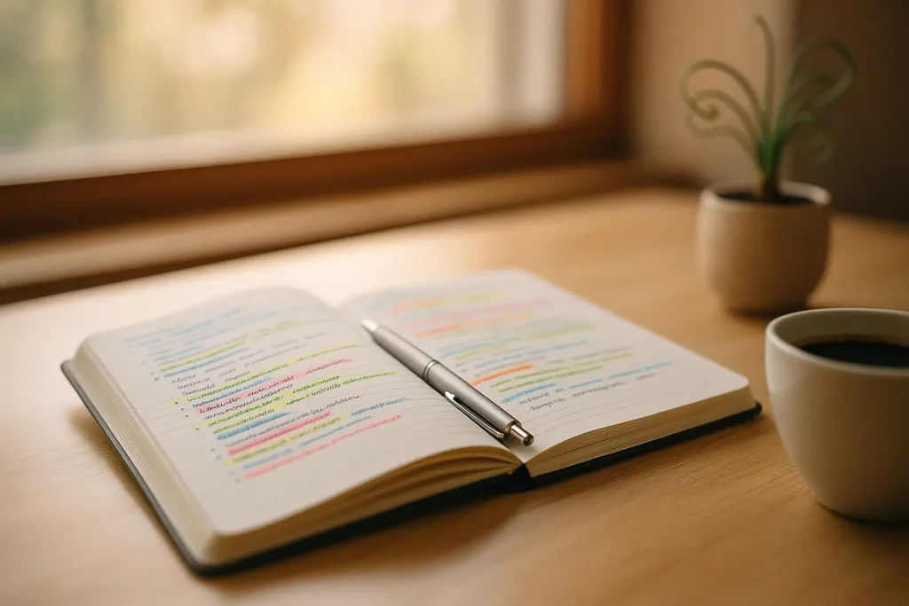 An open notebook with colorful notes and a pen sits on a light wooden table, morning sunlight and coffee hinting at unique inbound or content marketing growth.