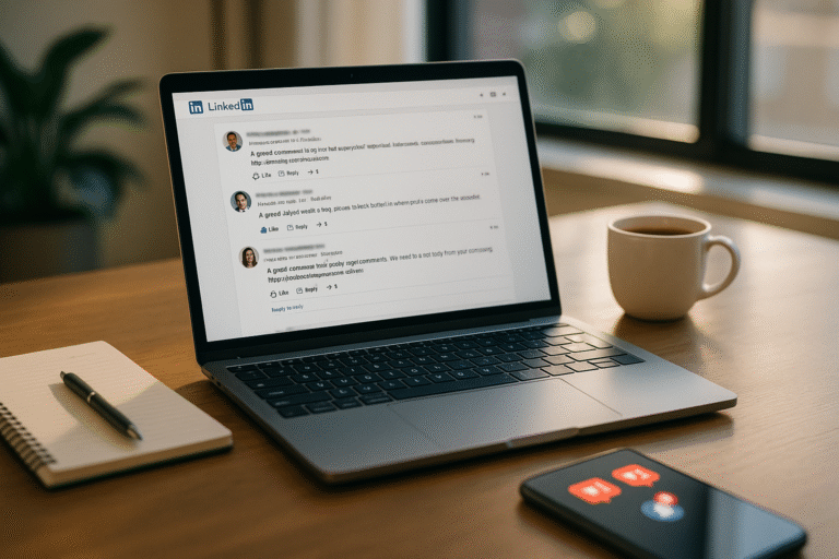 A bright modern office desk with an open laptop showing interactive LinkedIn comments, highlighting nepbetrokkenheid aanpakken for ondernemers.