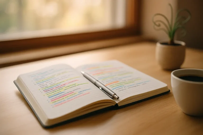 An open notebook with colorful notes and a pen sits on a light wooden table, morning sunlight and coffee hinting at unique inbound or content marketing growth.