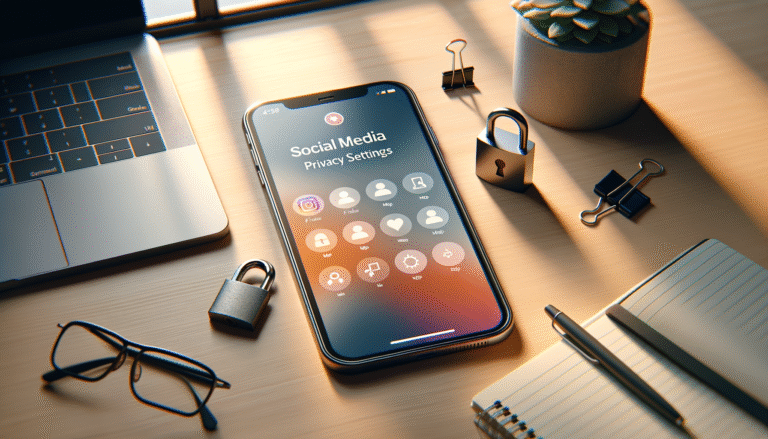 smartphone met instagram privacy-instellingen op ondernemerswerkplek met eiken bureau, hangslot-sleutelhanger en laptop