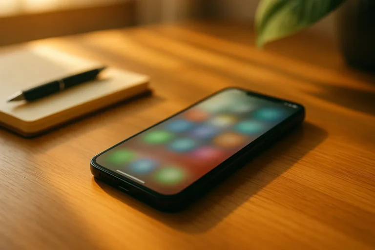 Een moderne smartphone met een kleurrijke app-interface ligt op een houten bureau, verwijzend naar TikTok zoekmachine en Creator Search Insights.