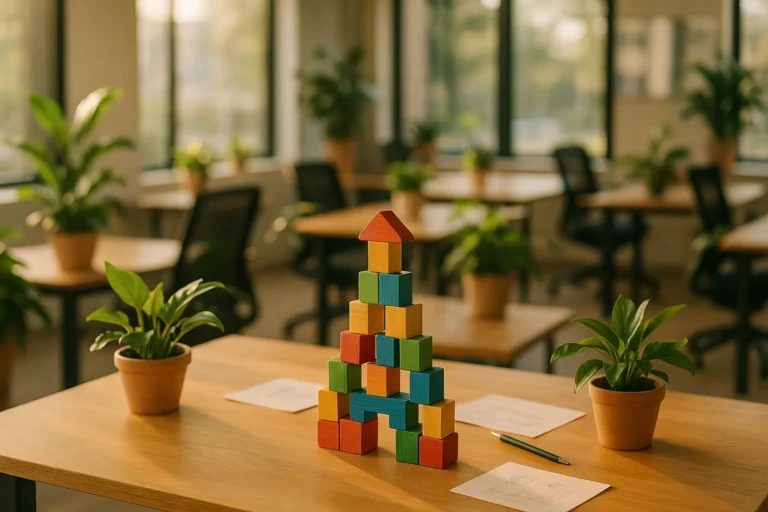 Sunlight streams into a modern office where colorful building blocks on a wooden table symbolize werkgeluk and an uplifting organisatiecultuur.