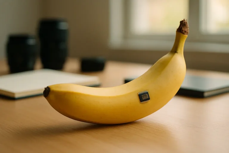 A close-up of a ripe banana with a tiny chip on its peel sits on a modern desk with creative tools, symbolizing AI-beeldgeneratie risico’s and kansen.