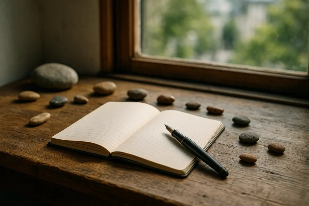 A sunlit wooden desk with an open notebook, scattered stones, and fountain pen creates an authentic, personal branding vibe for LinkedIn.