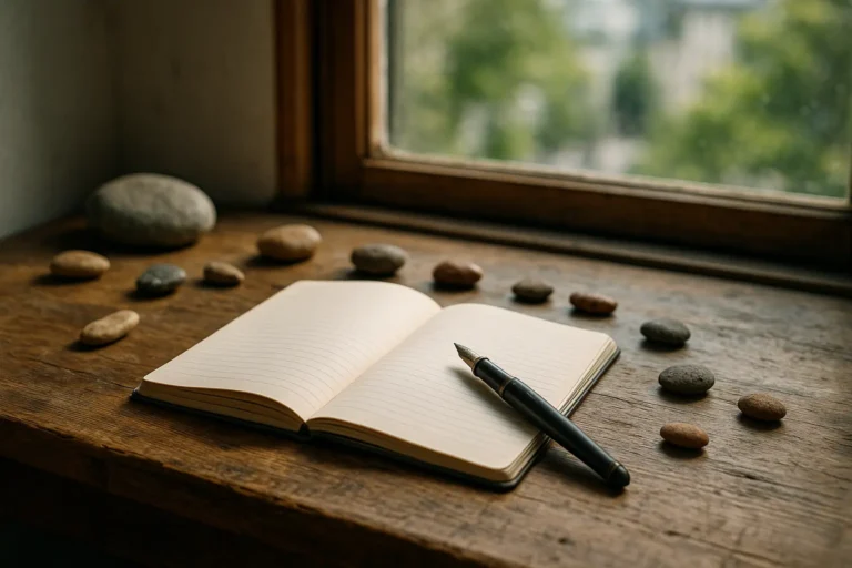 A sunlit wooden desk with an open notebook, scattered stones, and fountain pen creates an authentic, personal branding vibe for LinkedIn.