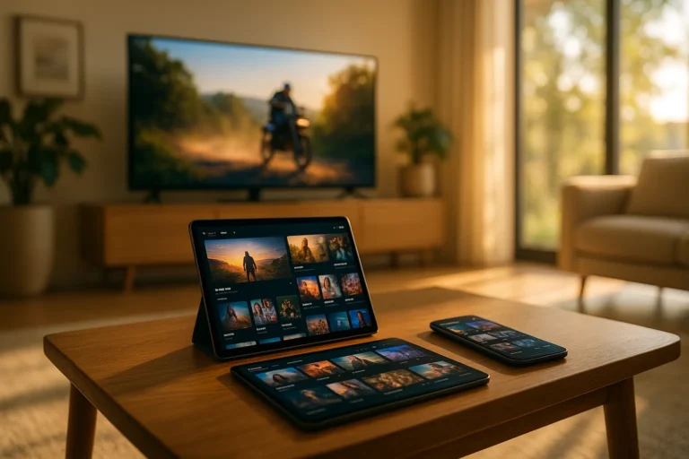 Moderne woonkamer met een grote tv, tablet en smartphone waarop verschillende video-platformen interfaces zichtbaar zijn in ochtendlicht.