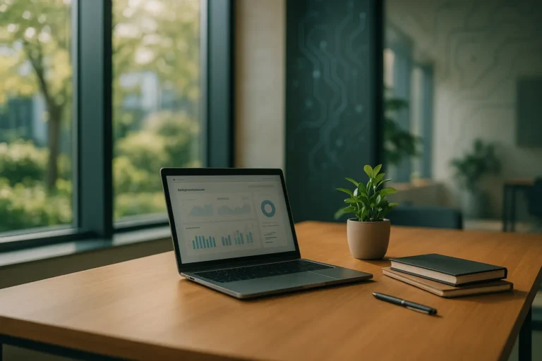 Een moderne kantoorruimte met een open laptop op een houten tafel, digitale connectiviteit subtiel aanwezig, verwijzend naar de impact van AI-modus van Google op bedrijfsactiviteiten en vindbaarheid.