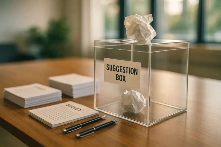 A crumpled paper inside a transparent suggestion box on an office desk symbolizes common pitfalls in employee feedback collection.