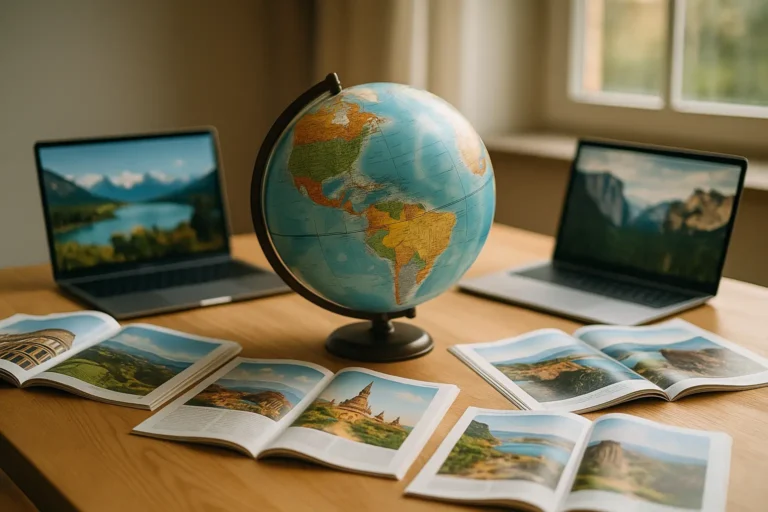 Een fotorealistische wereldbol ligt centraal op een houten tafel, omringd door internationale tijdschriften en laptops met wereldwijde achtergronden, symbool voor mondiale zichtbaarheid en merkbeeld dankzij AI.
