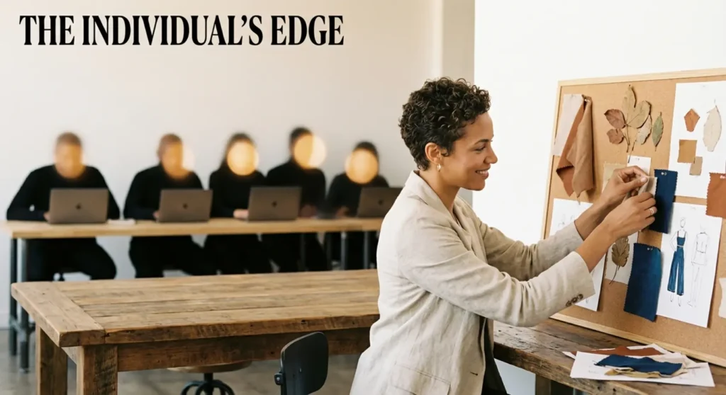 A confident ondernemer designs a unique branding mood board in a stylish workspace, standing out from AI-copycats blending in the background.