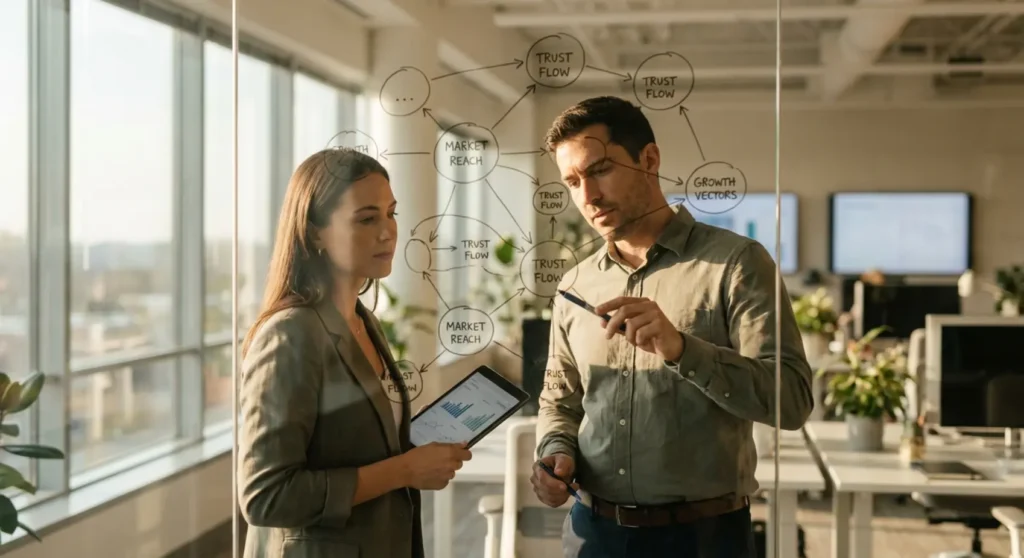 Two entrepreneurs collaborate in a sunlit office, analyzing a web diagram of digital PR and linkbuilding strategies on a glass wall.