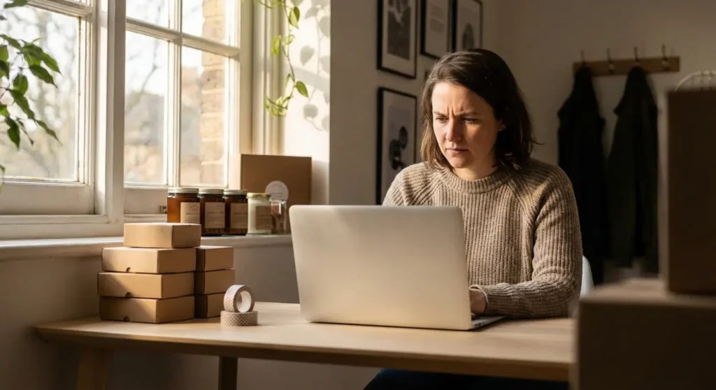 A small business owner works thoughtfully on a laptop in a bright boutique workspace surrounded by webshop packaging, reflecting secure WordPress updates.