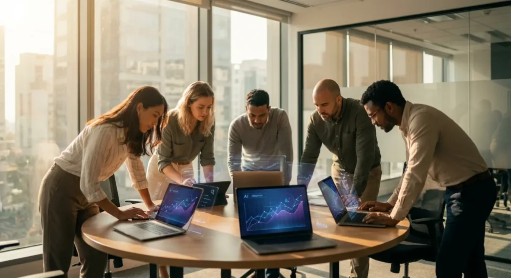 A diverse team collaborates on laptops showing AI icons and network diagrams in a bright office, symbolizing AI-proof linkbuilding strategies.