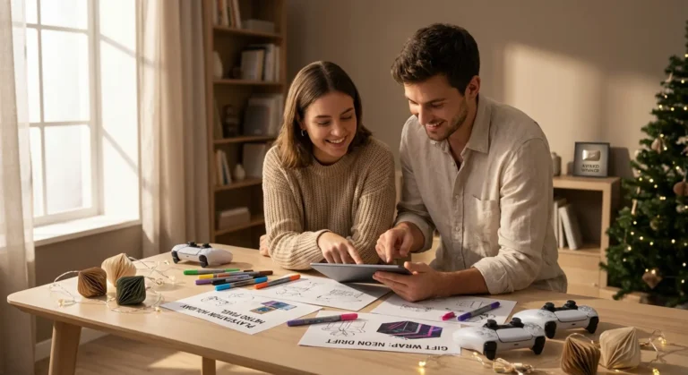 Two creative professionals brainstorm PlayStation kerstkaarten 2025 designs at a modern desk with festive decorations and game controllers.