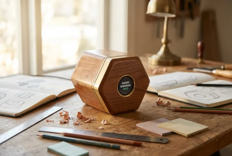 Close-up of een uniek houten designproduct op een werktafel met ontwerptools, belicht door zacht daglicht in een creatieve studio.