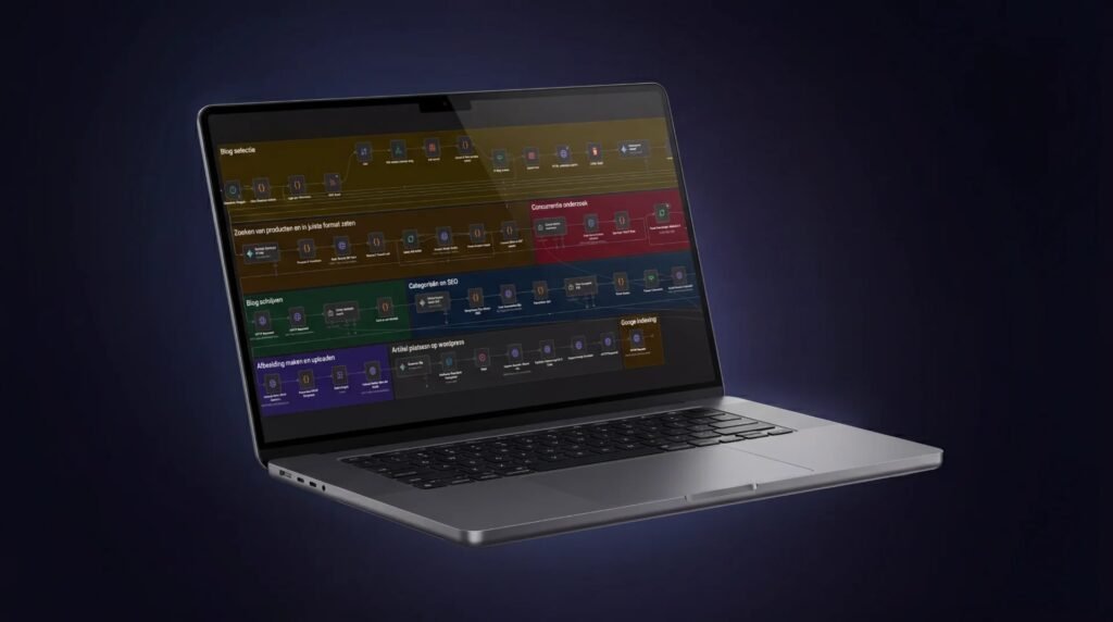 Een laptop met de workflow voor de blogs op het scherm