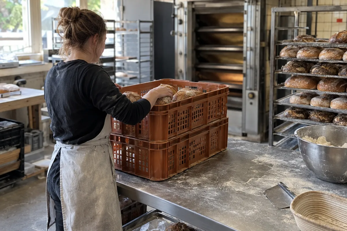 Bakker pakt verse broden in kunststof kratten op een RVS werkbank om te bezorgen bij zakelijke klanten