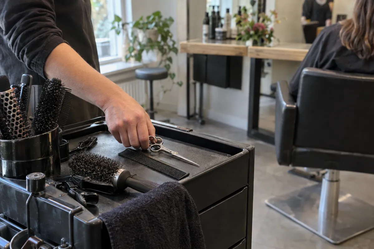 Hand legt een kappersschaar en kam op een werkwagen naast borstels in een Nederlandse kapsalon met kappersstoel.